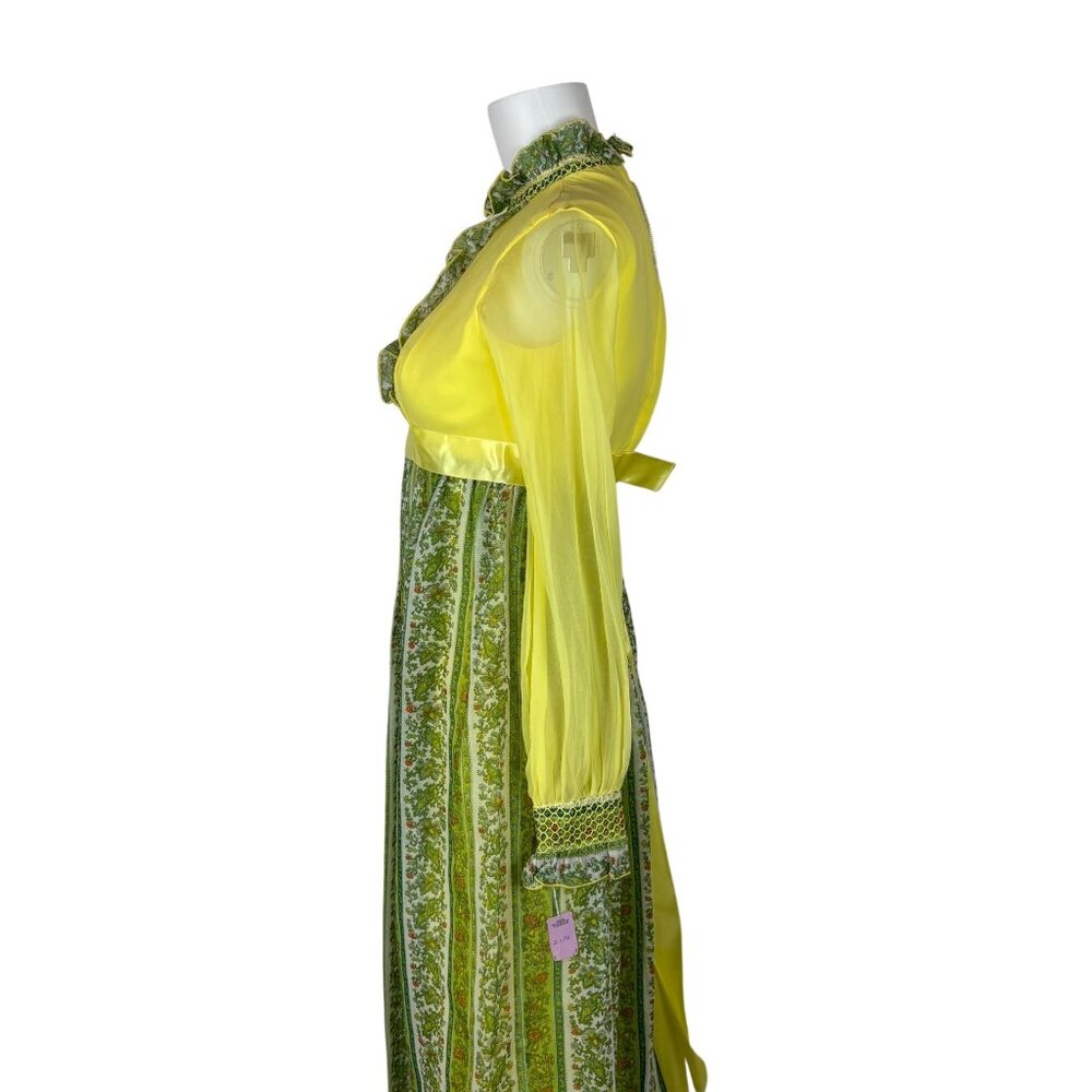 Vintage 70s Maxi Dress Juniors Sheer Yellow Chiffon Sleeves Printed Skirt Bow - Picture 9 of 13